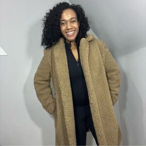 Vintage tan teddy car coat cozy sherpa style trench plush fluffy neutral jacket
